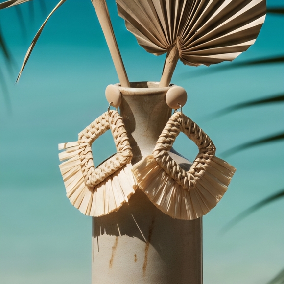 Boho Chic Raffia Statement Earrings | Handmade Beach Vibes Resortwear Jewelry - Picture 10 of 14
